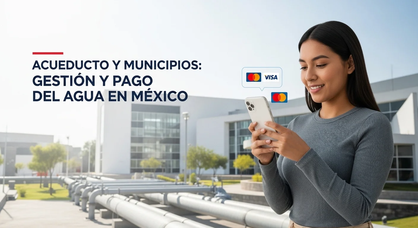 Persona utilizando un teléfono inteligente para pagar el servicio de acueducto en línea, con logos de tarjetas de crédito visibles, representando la modernización de los pagos en municipios mexicanos.