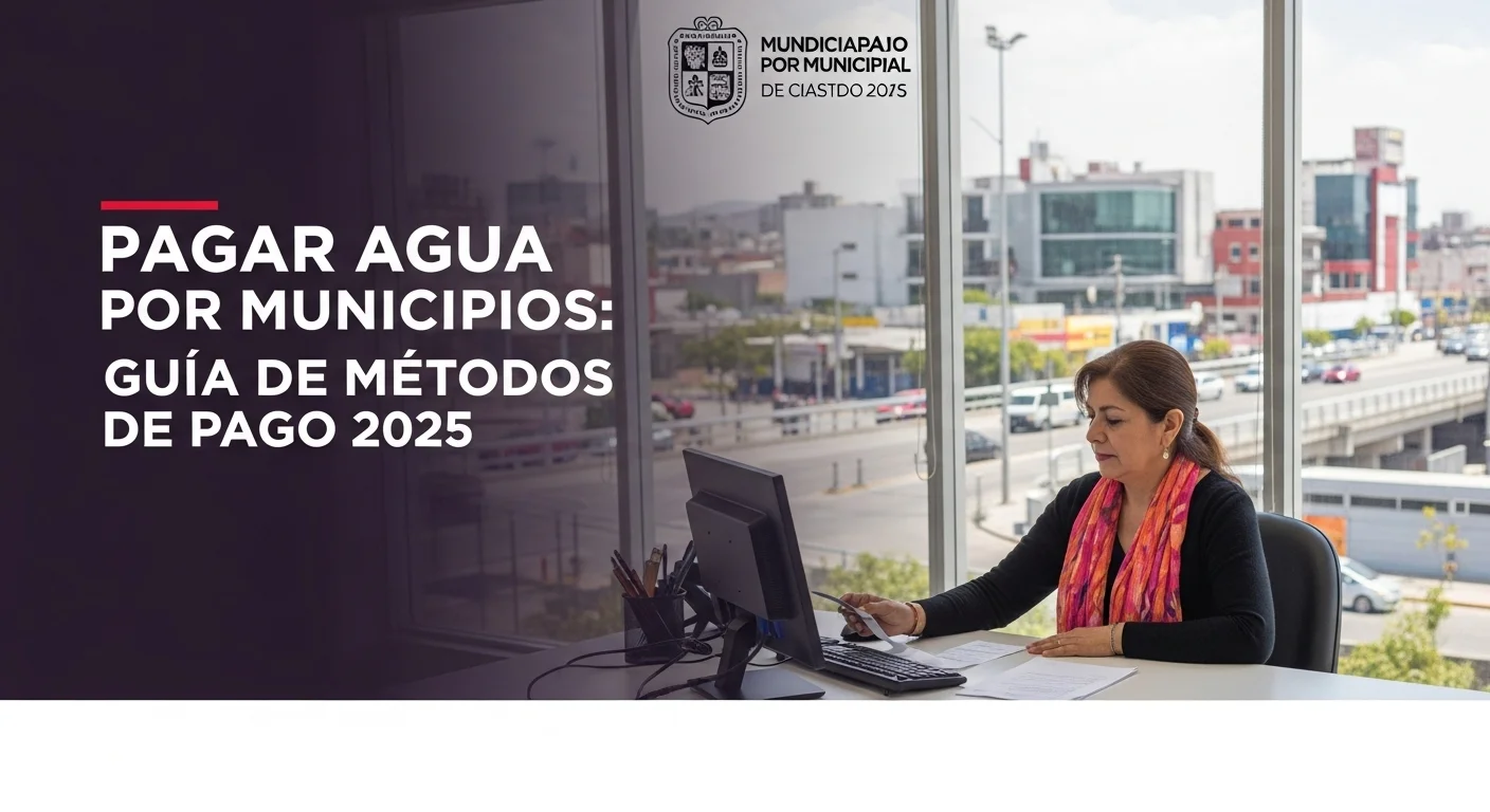 Una persona realizando el pago de su recibo de agua en línea, con el logo de un ayuntamiento municipal mexicano de fondo.