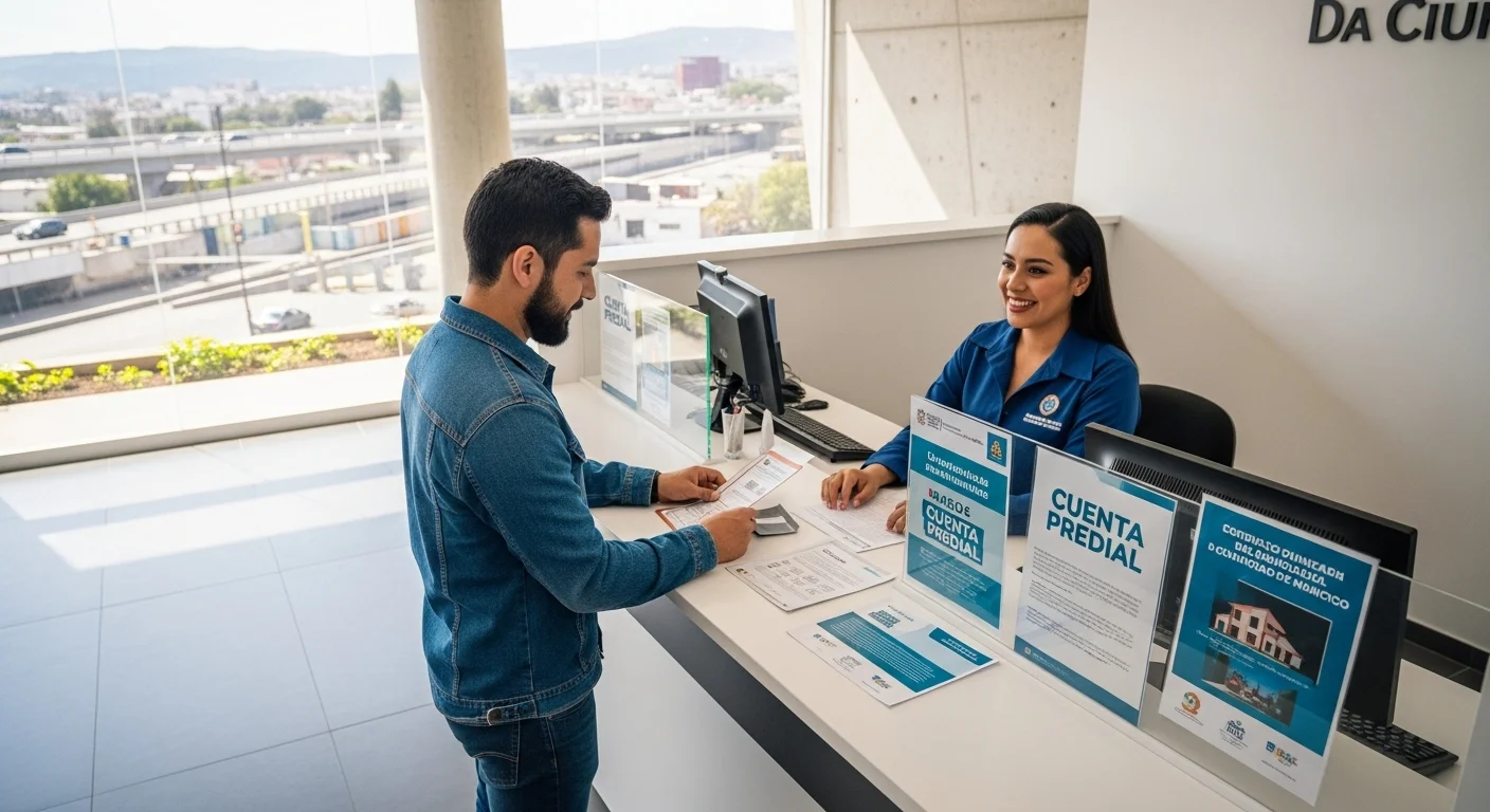 Ciudadano realizando el pago de su cuenta predial en las oficinas de un ayuntamiento en México, contribuyendo al desarrollo de su municipio.