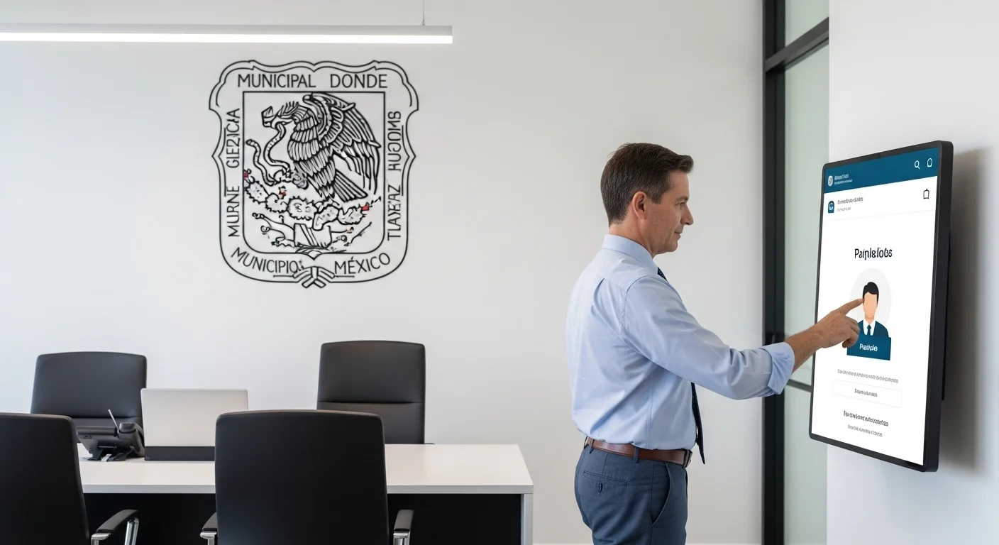 Una persona realizando el pago del impuesto predial en un portal en línea, con el escudo de un municipio mexicano de fondo.
