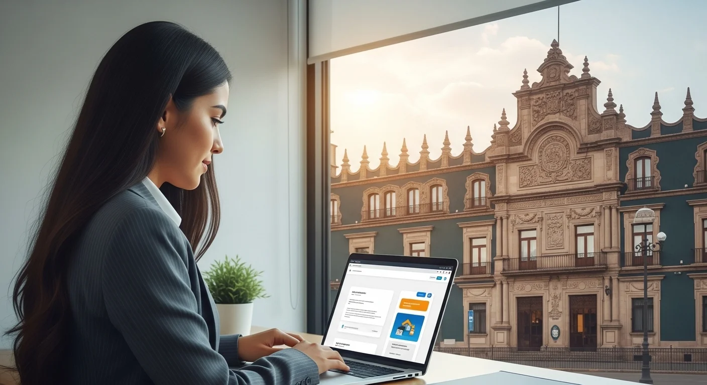 Una persona realizando el pago de su impuesto predial en un portal en línea, con el palacio municipal de un municipio mexicano de fondo.