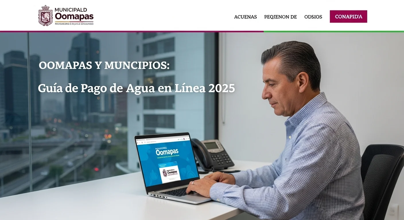 Ciudadano realizando el Sapal Pago Line desde su laptop, con el palacio municipal de un municipio mexicano al fondo.