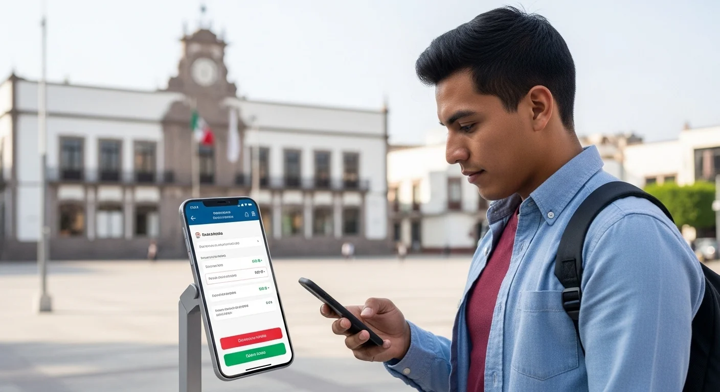 Una persona utilizando su teléfono móvil para pagar el servicio de agua en un portal de un municipio de México, con el palacio municipal al fondo.