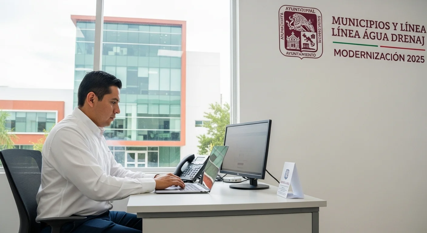 Ciudadano realizando el pago en línea de agua y drenaje en una laptop, con el logo de un ayuntamiento mexicano en el fondo.