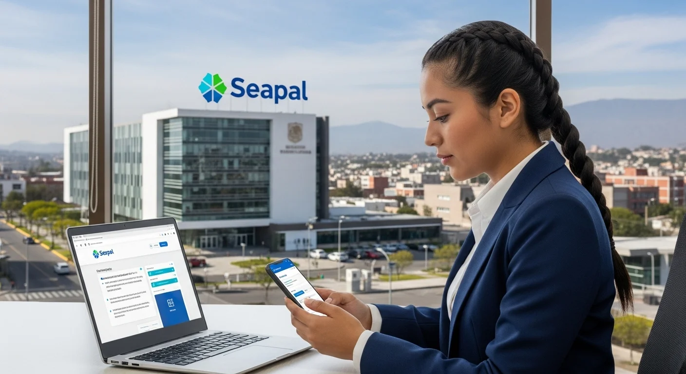 Una persona utilizando una laptop y un smartphone para pagar servicios en línea, representando el concepto de 'pagar seapal en linea' y la modernización municipal.