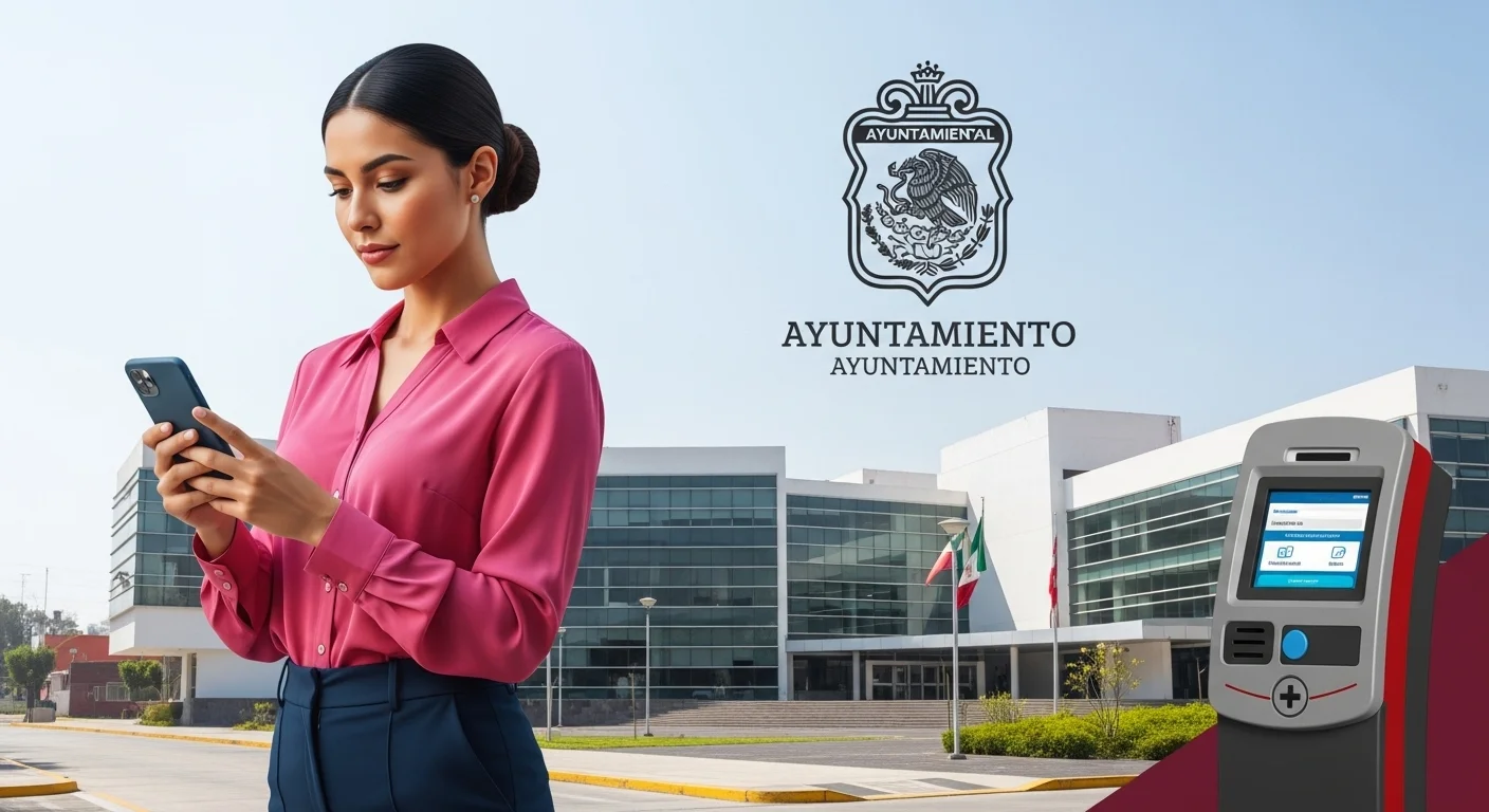 Una persona utilizando su celular para realizar el pago de la factura de acueducto, con el logo de un ayuntamiento municipal mexicano de fondo.