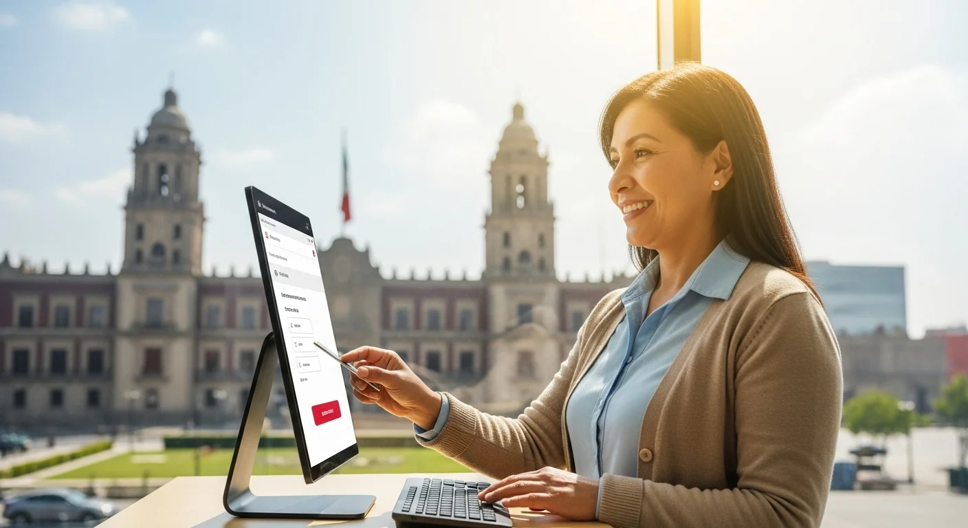 Ciudadano realizando el pago de factura de servicios en un portal en línea de un municipio mexicano, con un palacio municipal al fondo.