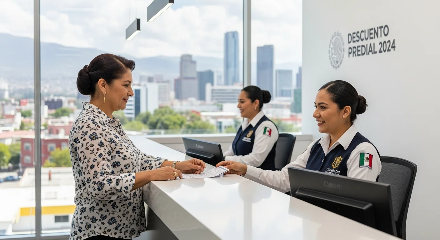 Ciudadano realizando el pago del impuesto predial en una oficina del ayuntamiento en México, aprovechando un descuento.