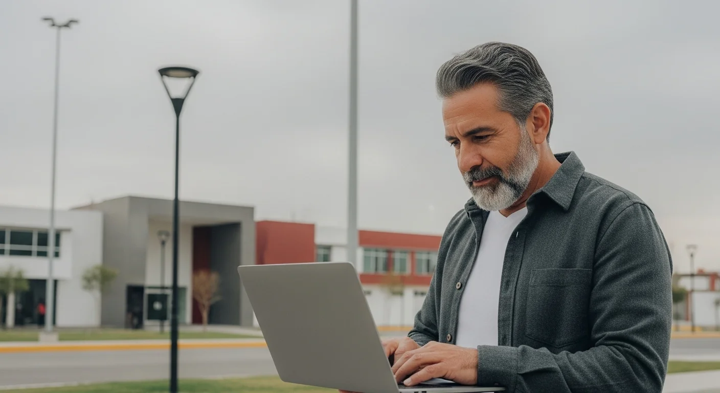 Una persona utilizando una computadora portátil para descargar el impuesto predial de un municipio mexicano, representando la digitalización de los trámites.