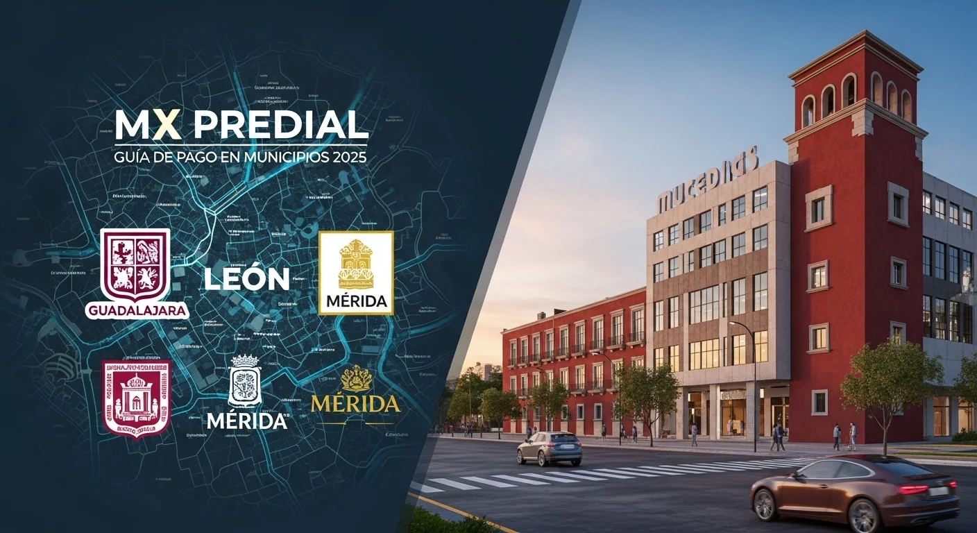 Una imagen compuesta que muestra los logotipos de varios municipios mexicanos como Guadalajara, León y Mérida, sobre un fondo que representa un mapa catastral digital, simbolizando la modernización del pago del Mx Predial.