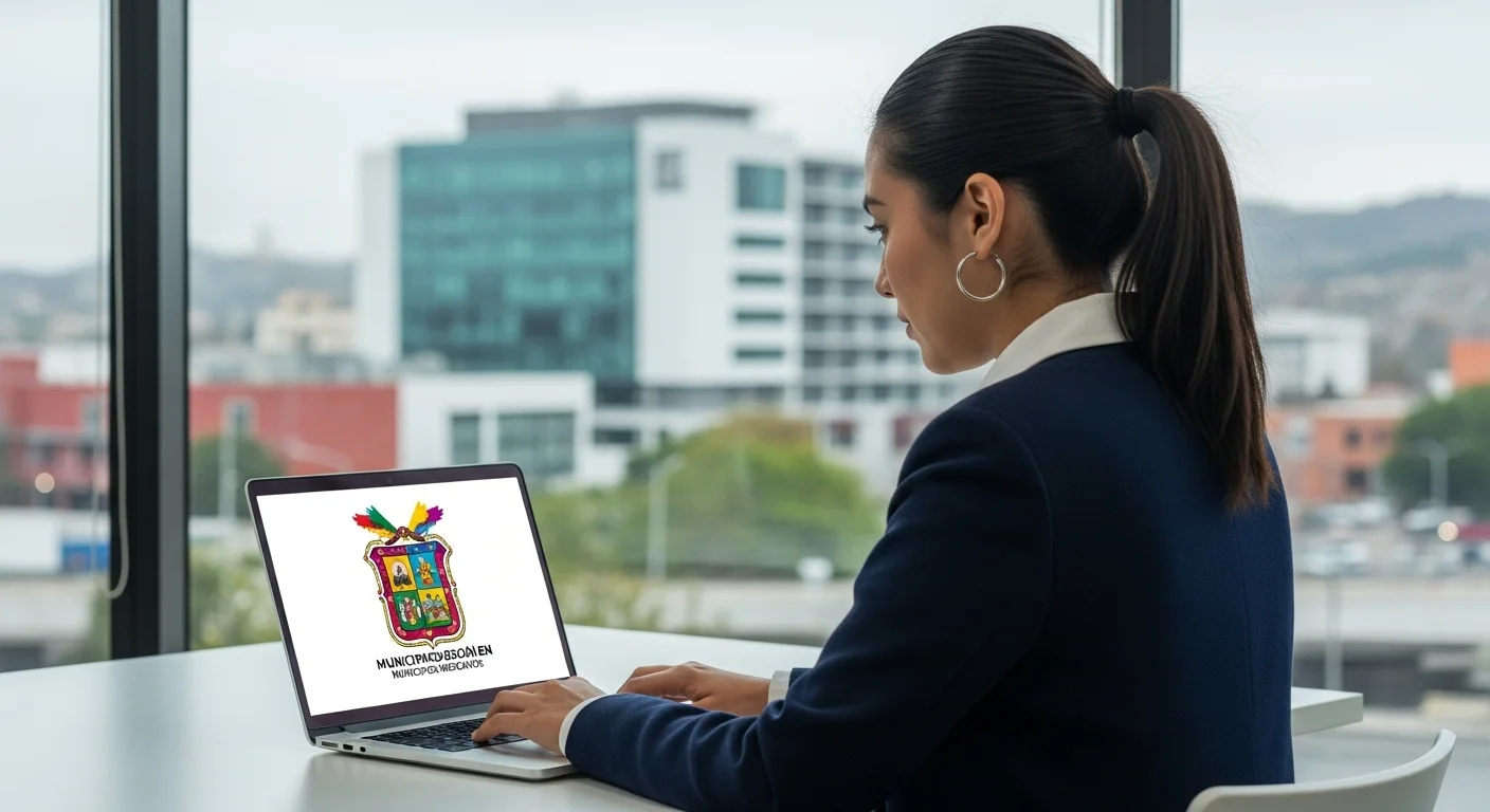 Ciudadano realizando el pago predial en linea a través de una computadora portátil, con el escudo de un municipio mexicano en la pantalla.