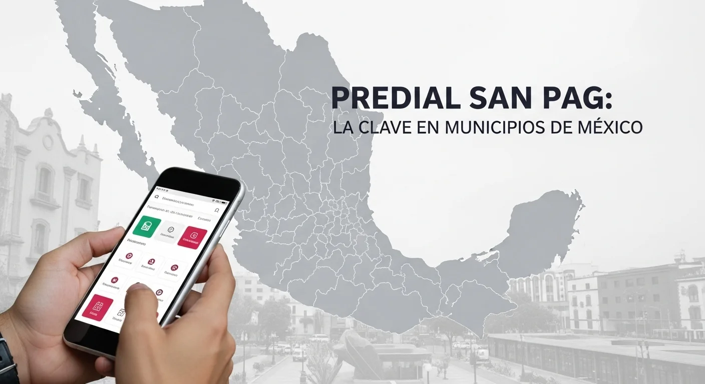 Una imagen que muestra una mano realizando un pago de predial en un dispositivo móvil, con un mapa de municipios mexicanos de fondo.
