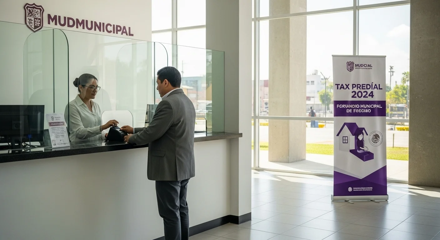 Ciudadano realizando el pago de predial 2024 en las oficinas de un ayuntamiento en México, con el logo del municipio al fondo.
