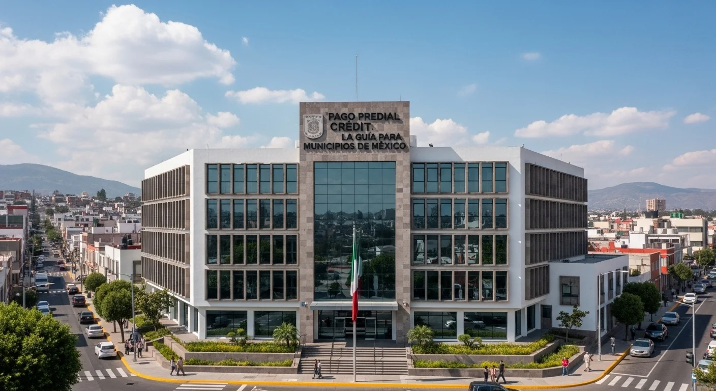 Un edificio de un ayuntamiento mexicano con ciudadanos formándose para realizar el pago predial, simbolizando la contribución al desarrollo municipal.