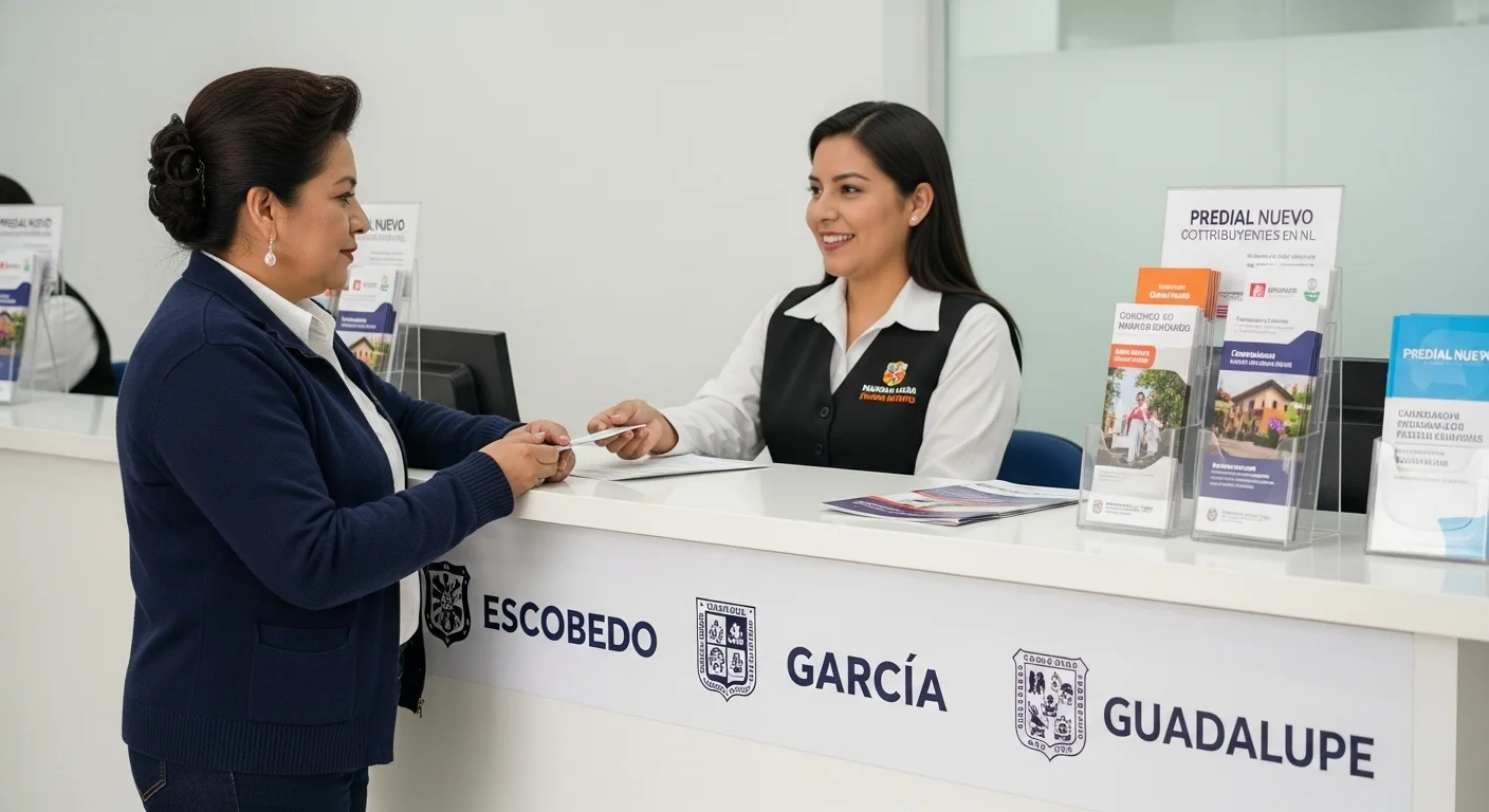 Ciudadano realizando el pago del impuesto predial en una oficina municipal de Nuevo León, con logos de los municipios de Escobedo, García y Guadalupe.