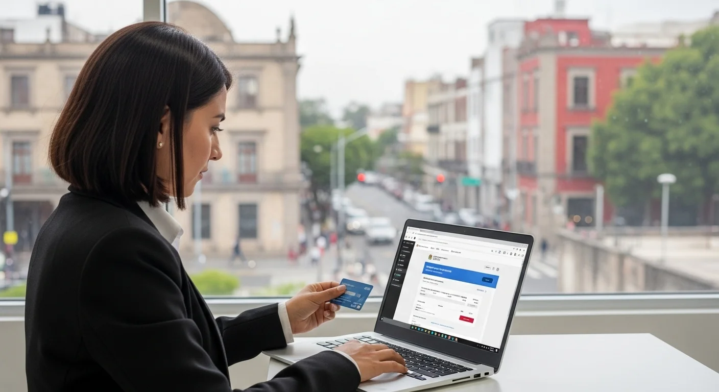 Ciudadano utilizando una laptop para realizar el pago predial con tarjeta de crédito en el portal en línea de un municipio mexicano.
