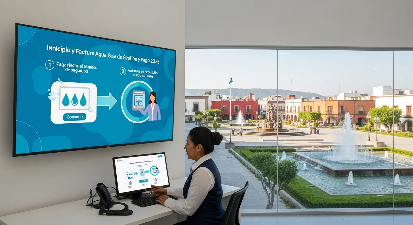 Infografía mostrando los pasos para pagar la factura de agua en línea en un portal municipal, destacando la facilidad y seguridad del proceso.