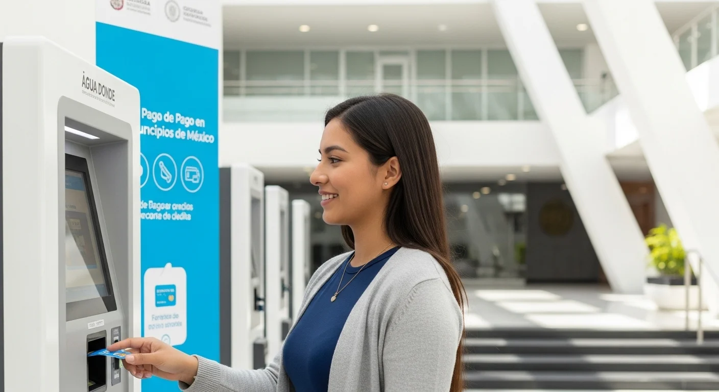 Persona pagando el recibo del agua en un kiosco de autoservicio de un ayuntamiento en México, ilustrando las opciones de pago en municipios.