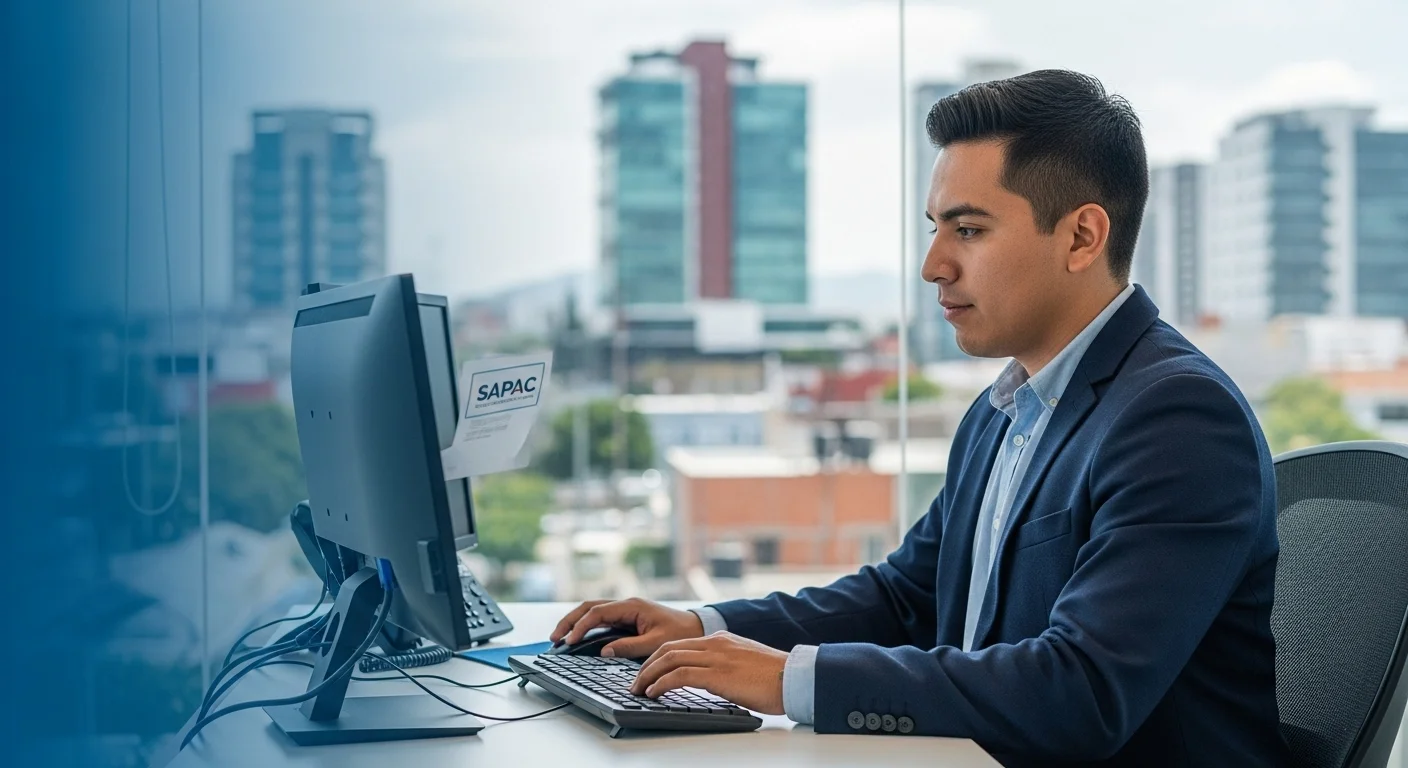 Persona utilizando una computadora para pagar el recibo de agua Sapac en línea, demostrando la modernización de los servicios municipales.
