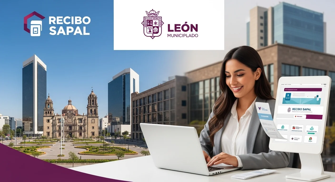 Una persona utilizando una computadora portátil para pagar el recibo Sapal en línea, con el logo del municipio de León al fondo, representando la modernización de servicios municipales.