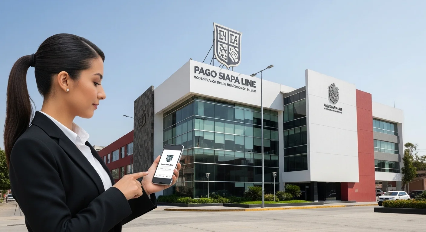 Un ciudadano utiliza su smartphone para realizar el Pago Siapa Line, con el logotipo del ayuntamiento de un municipio de fondo, simbolizando la modernización.