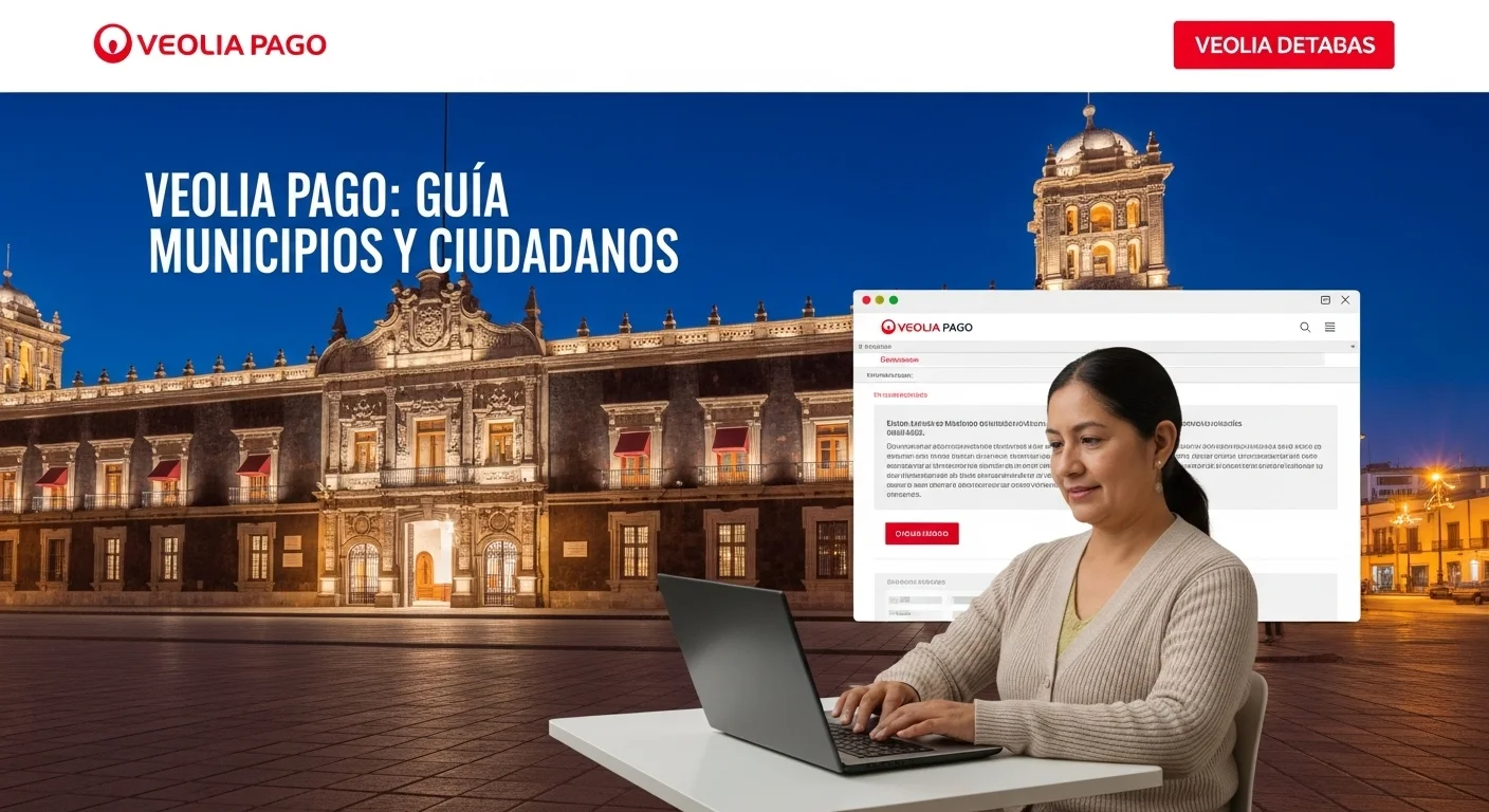 Ciudadano realizando el Veolia Pago en un portal en línea, con el palacio municipal de un municipio mexicano de fondo.