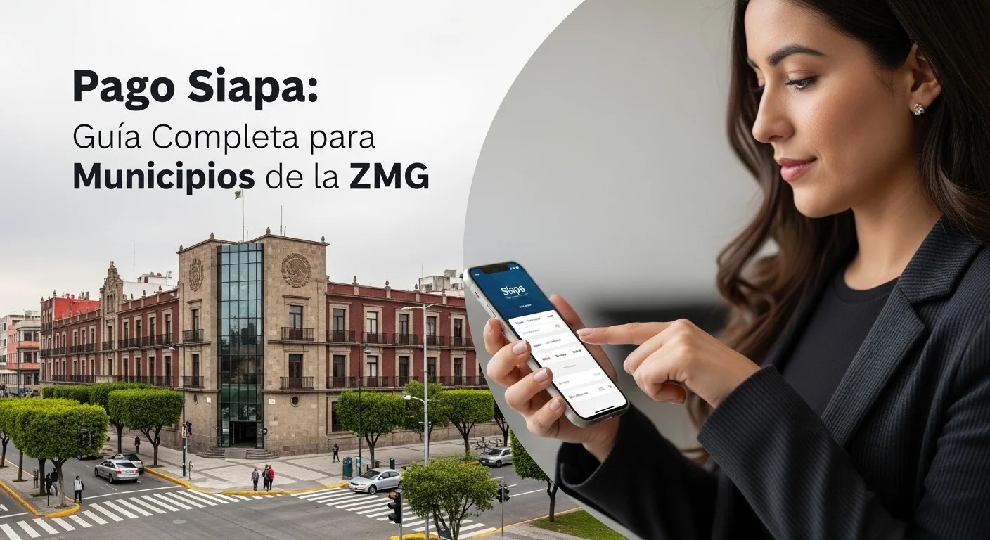 Una persona realizando el pago Siapa en su celular con un fondo que muestra el palacio de gobierno de un municipio mexicano.