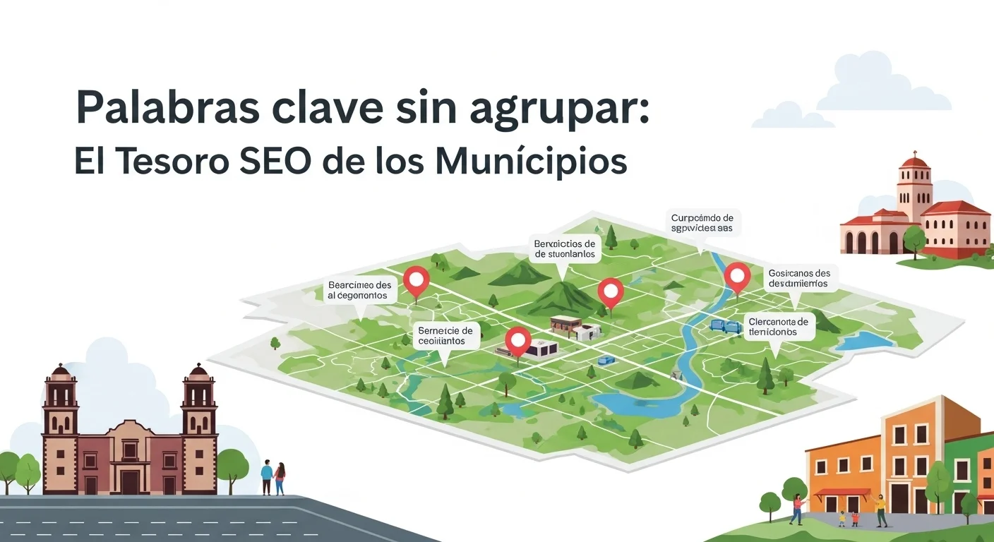 Gráfico conceptual mostrando un mapa de un municipio mexicano con varias chinchetas que representan las búsquedas de los ciudadanos y cómo se agrupan en servicios ofrecidos por el ayuntamiento.