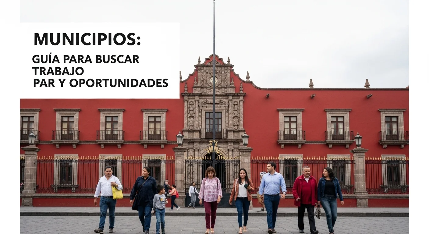Frontis de un palacio municipal mexicano con ciudadanos caminando, simbolizando la conexión entre el gobierno local y las oportunidades para buscar trabajo par en los municipios.