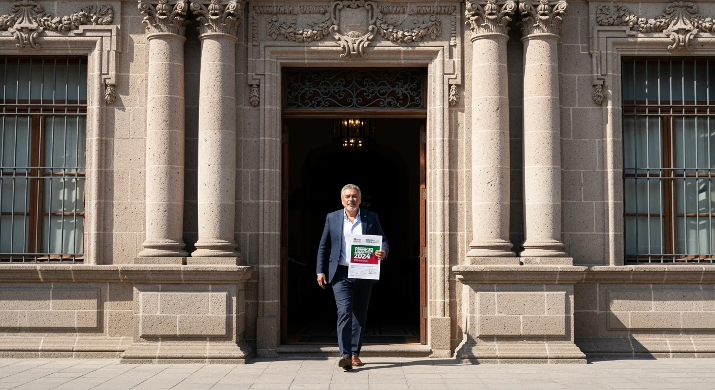 Fachada de un palacio municipal en México con un ciudadano saliendo, simbolizando el pago del impuesto predial 2024.