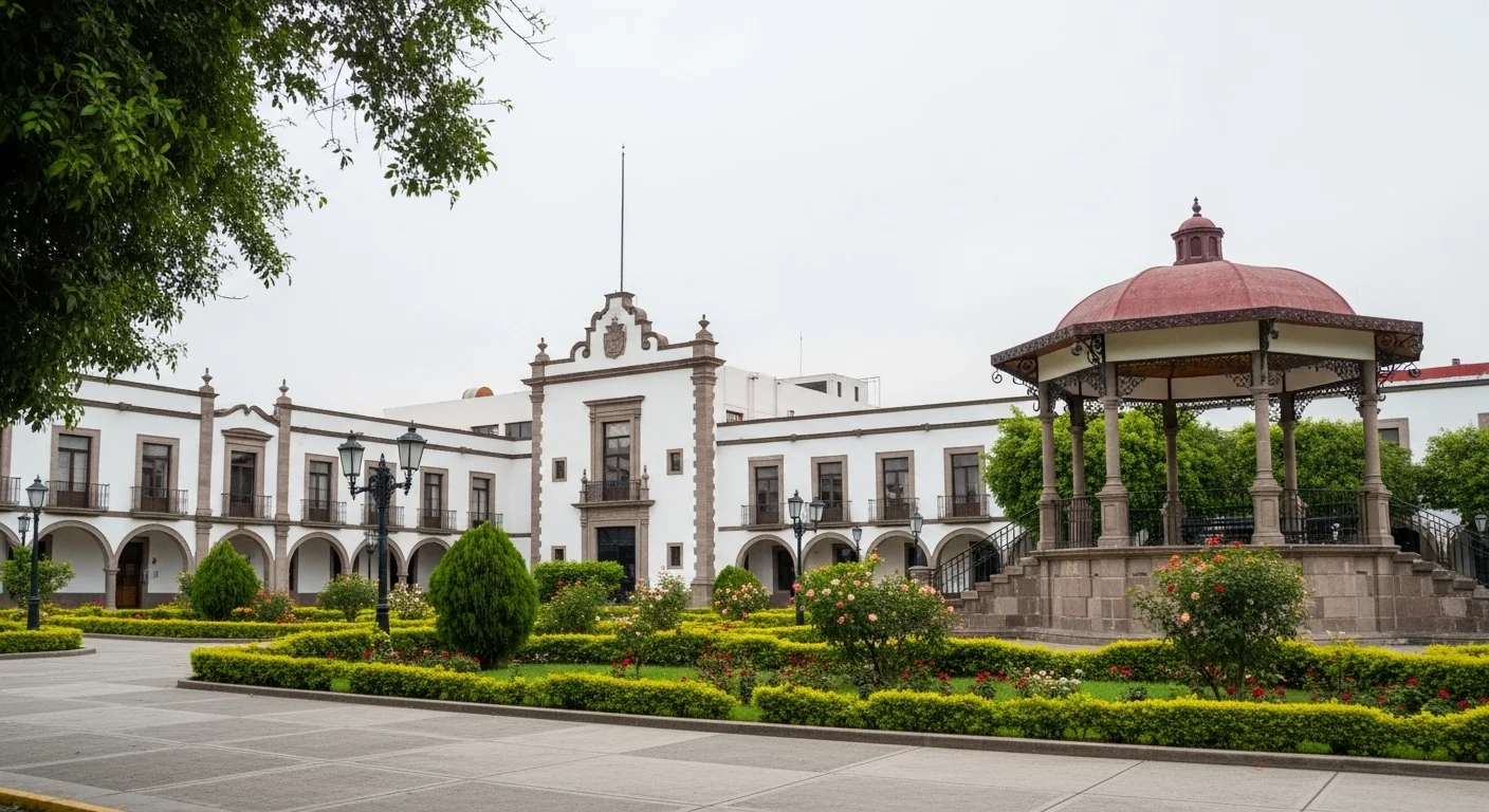 Palacio municipal de un municipio mexicano con su quiosco y jardines, representando el gobierno municipal.