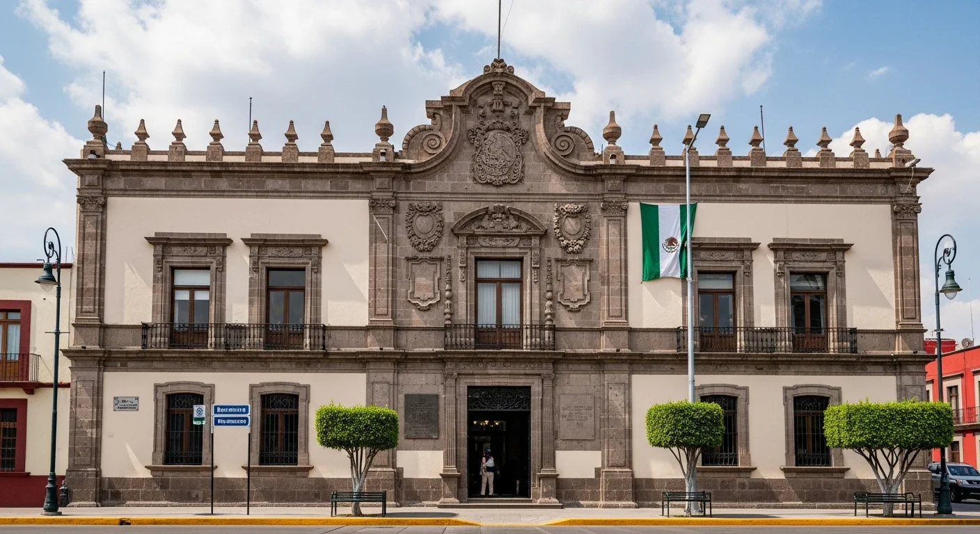 Fachada de un palacio municipal mexicano con la bandera de México, simbolizando el gobierno y las oportunidades de trabajo en los municipios