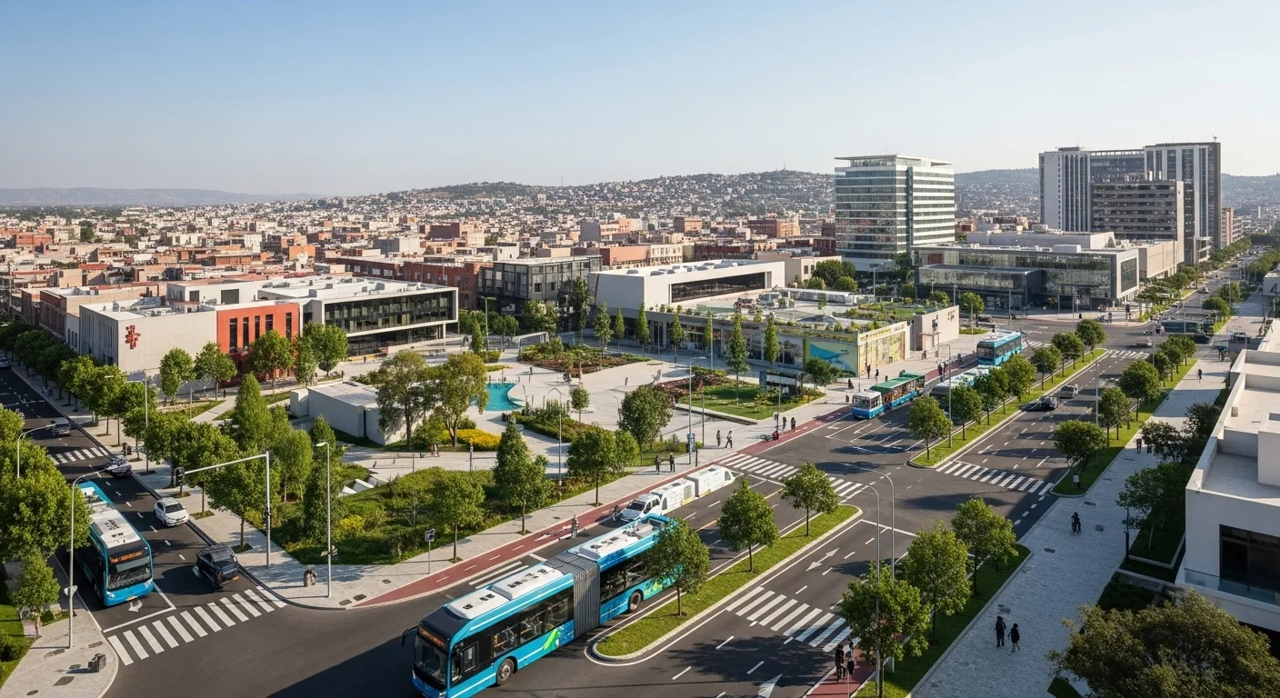 Vista panorámica de una ciudad mexicana moderna que integra edificios, áreas verdes y sistemas de transporte, representando el desarrollo urbano sostenible en los municipios.