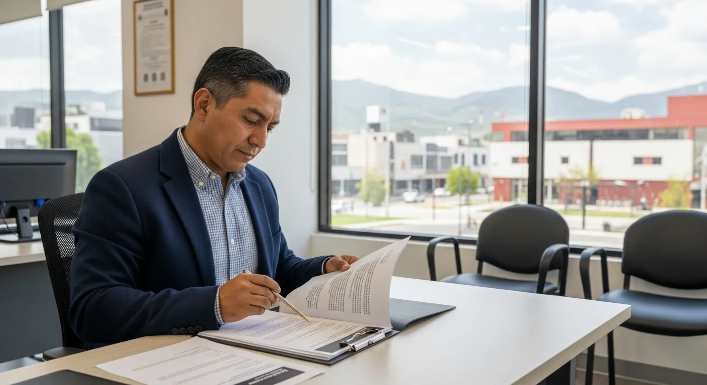 Emprendedor revisando documentos de licencias y permisos para abrir un negocio en una oficina de gobierno municipal.