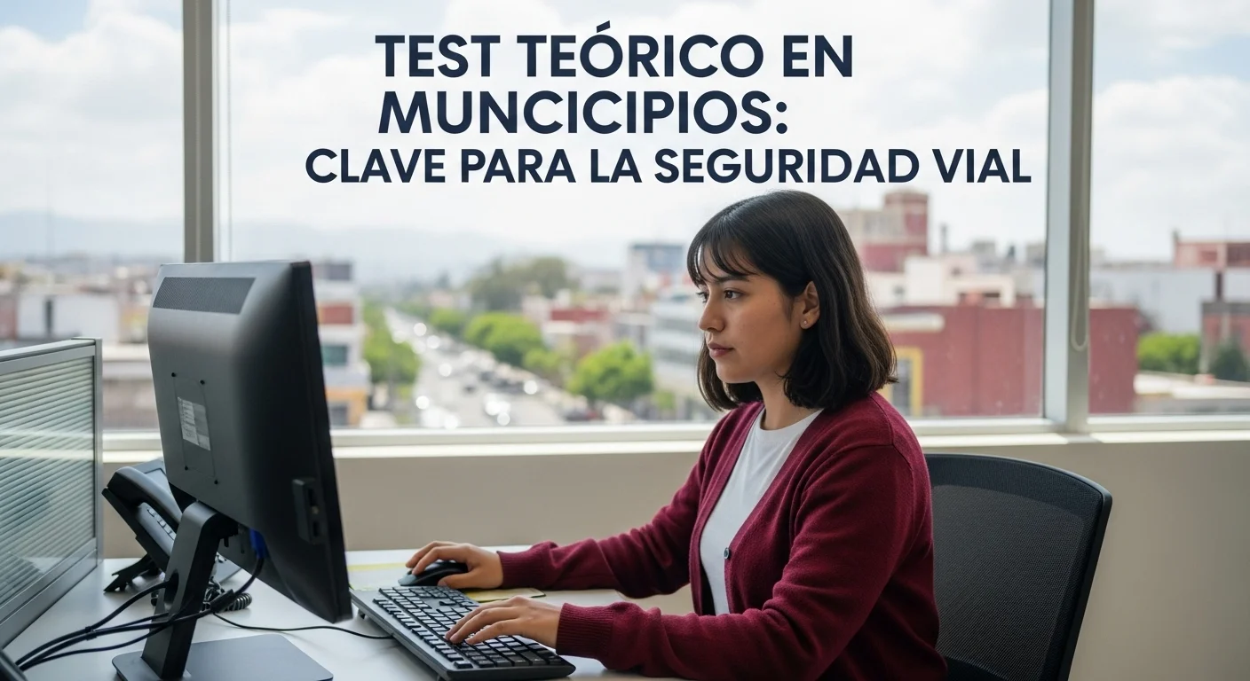 Persona concentrada realizando un test teórico de conducir en una computadora dentro de una oficina de tránsito municipal en México.