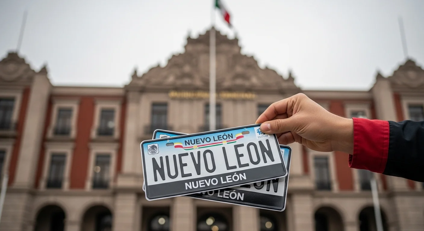 Un par de placas nuevas de Nuevo León sostenidas frente a la fachada de un palacio municipal, simbolizando el trámite.