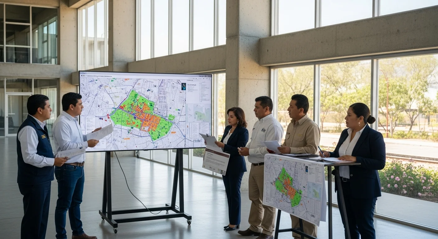 Reunión de un consejo municipal de protección civil en México, analizando mapas de riesgo para el plan de contingencia.
