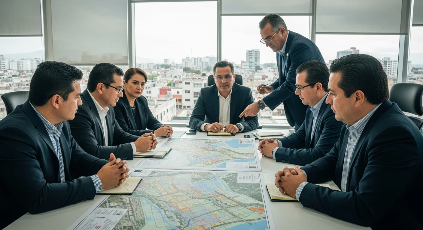 Reunión de la comisión de protección civil en un ayuntamiento mexicano, discutiendo mapas de riesgo sobre una mesa.