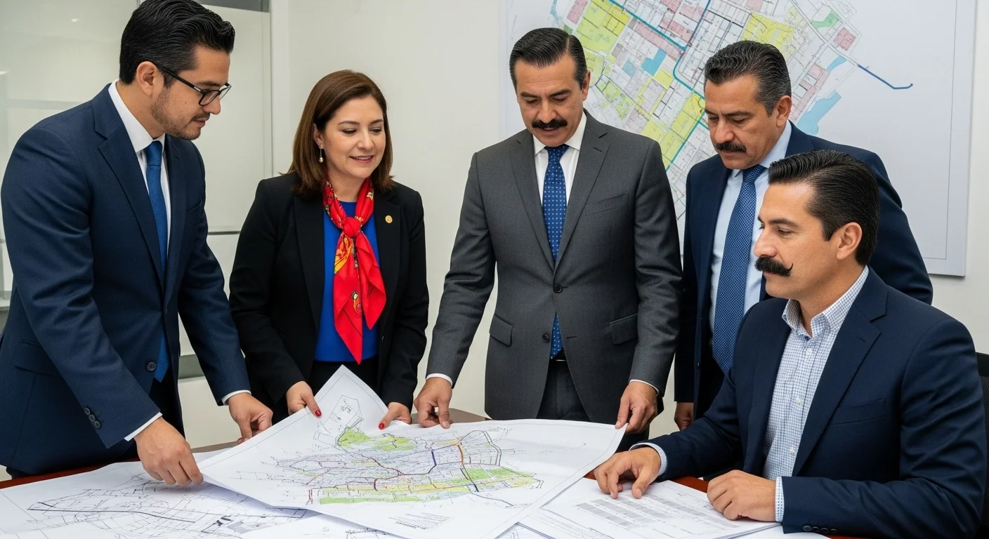 Un grupo de urbanistas y funcionarios municipales revisando planos y mapas de un municipio mexicano, simbolizando la planificación del desarrollo de vivienda y la infraestructura.