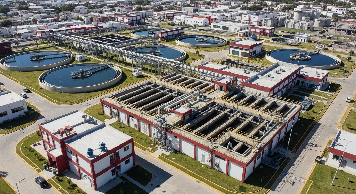 Vista aérea de una planta de tratamiento de agua, infraestructura clave para la gestión de JUMAPAM en municipios.