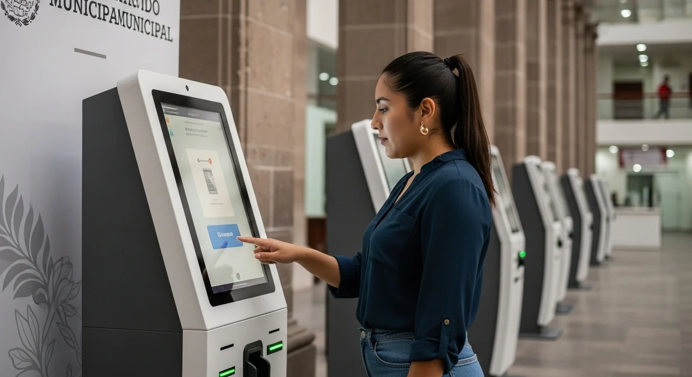 Ciudadano realizando el pago de servicios en un quiosco digital de un ayuntamiento en México, simbolizando la modernización de los municipios.