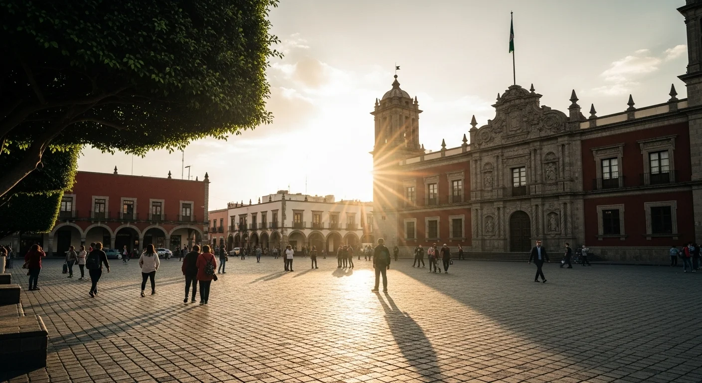 Una plaza principal soleada de un municipio mexicano con el palacio municipal de fondo, simbolizando las oportunidades para buscar empleo a nivel local.