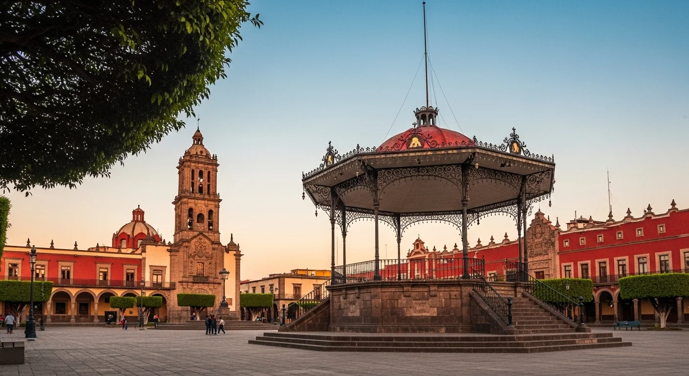 Vista panorámica de la plaza principal en un municipio de Allende en México, con su quiosco y edificios coloniales.