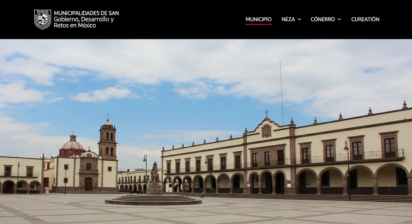 Plaza principal de un municipio mexicano llamado San, con su palacio municipal y una iglesia al fondo.