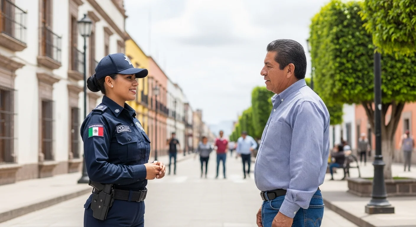Oficial de policía municipal conversando amistosamente con un ciudadano en una calle de un municipio mexicano, mostrando la importancia de la proximidad social.
