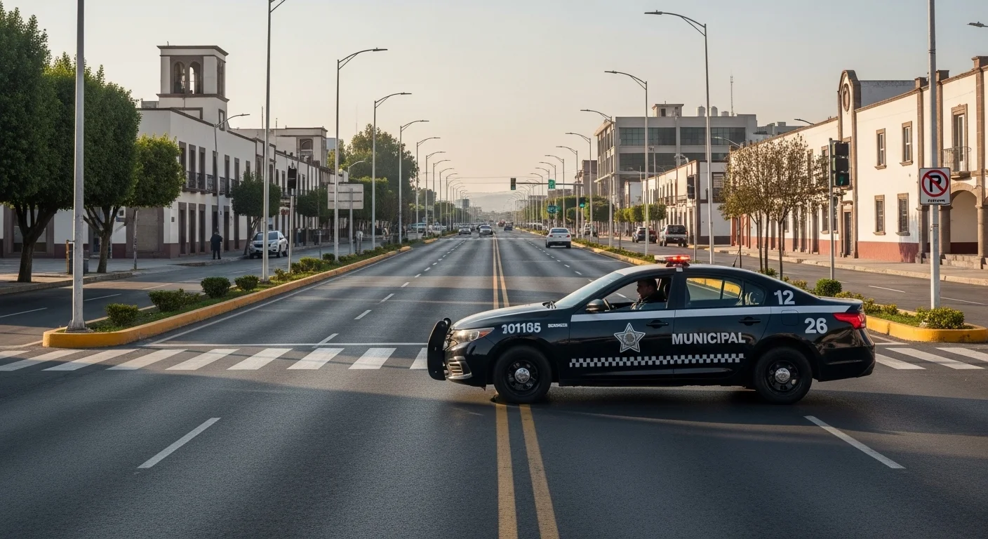 Patrulla de una policía municipal mexicana circulando en una avenida principal de un municipio.