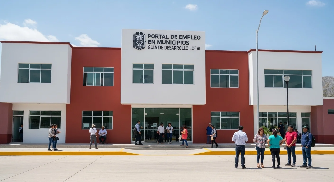 Edificio de un ayuntamiento municipal en México con personas afuera, simbolizando la conexión entre el gobierno y los ciudadanos a través de un portal de empleo.