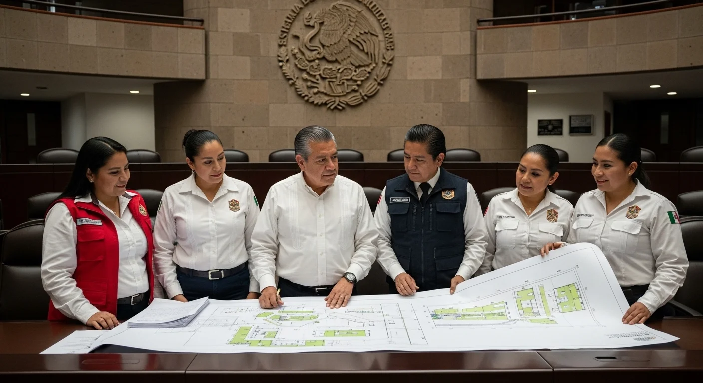 Alcalde reunido con comité de protección civil escolar en un municipio mexicano, revisando planos de seguridad.