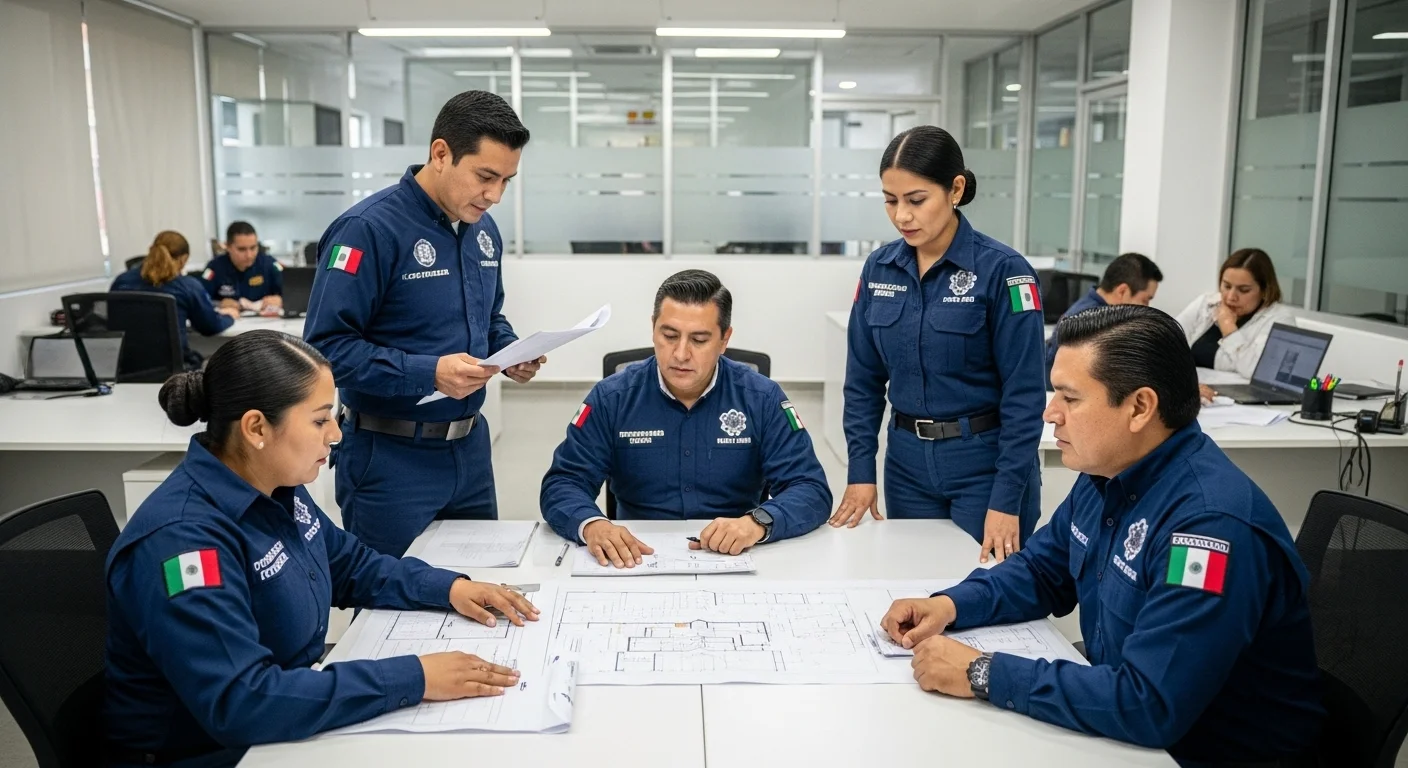 Reunión de trabajo entre personal de protección civil y funcionarios de un ayuntamiento mexicano revisando planos para un programa interno.
