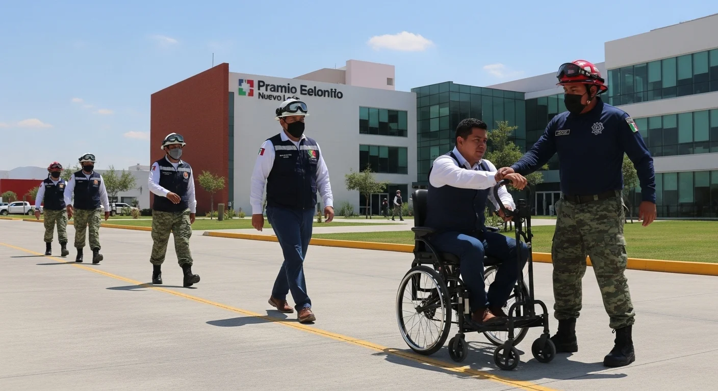 Brigadistas de una empresa en Apodaca, Nuevo León, realizando un simulacro de evacuación, como parte de su programa interno de protección civil.